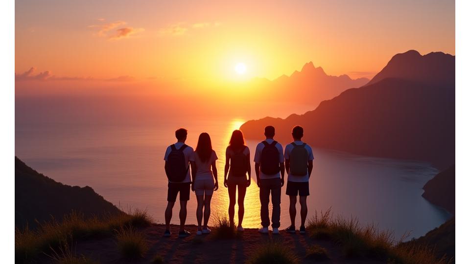 Exploradores contemplando un paisaje exótico al atardecer, simbolizando la planificación de viajes.